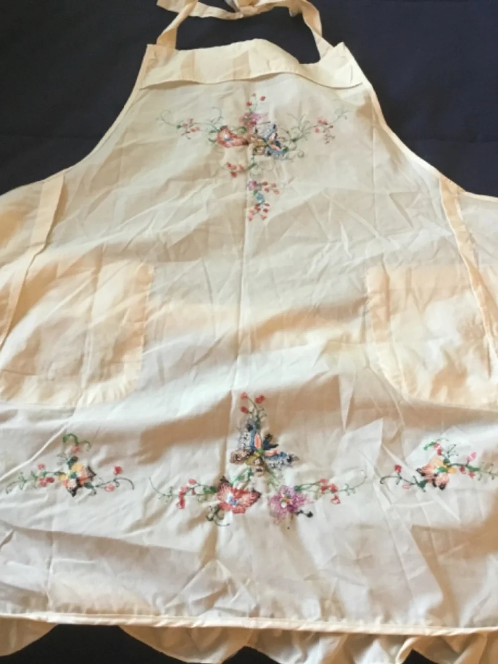 Vintage Chinese embroidered  pinafore cotton apron bone with multi color floral